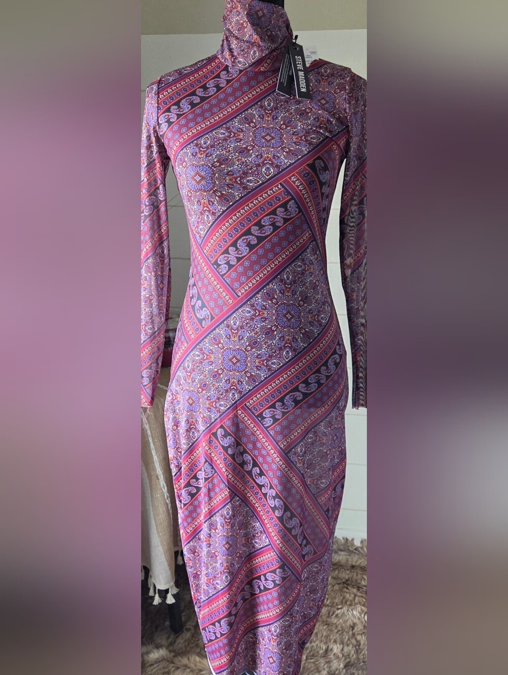 NWT STEVE MADDEN BODYCON PAISLEY MESH TURTLENECK 70's TEXTILE MIDI DRESS XS